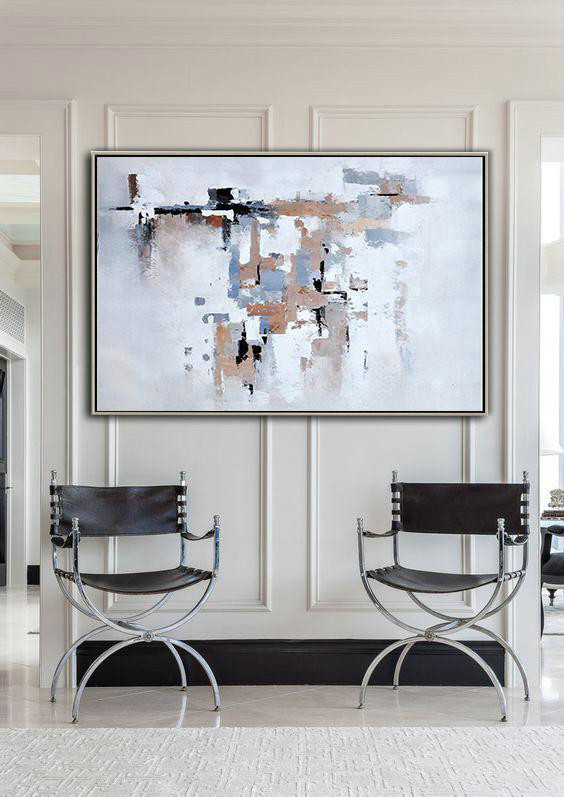 Handmade Large Contemporary Art,Oversized Horizontal Abstract Art,White,Grey,Beige.etc